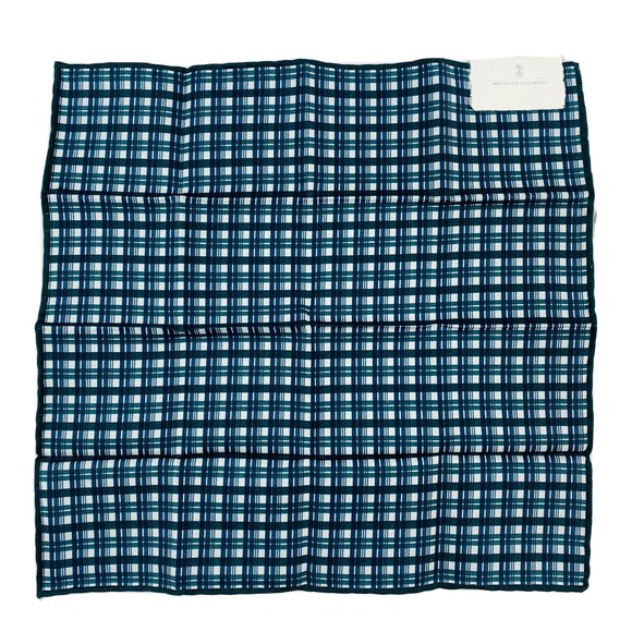 Brunello Cucinelli Other - Brunello Cucinelli Blue Green Thin Check Cotton Silk Mens Pocket Squares NWT